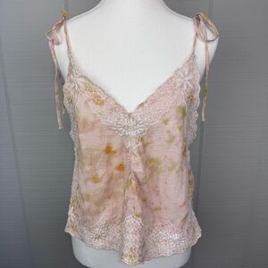 Zara Pink Floral Lace Trim Top Spaghetti Strap Tie Shoulders Open Sides V-neck